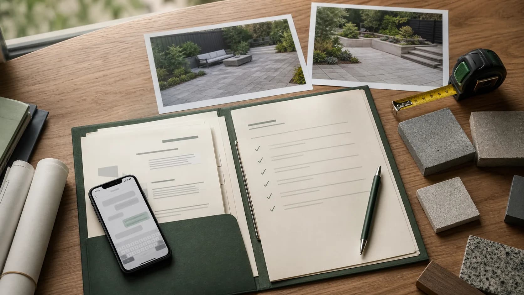 Schreibtisch mit Smartphone, Terrassenfotos, Projektmappe, Checkliste, Maßband und Steinmustern als Beispiel für eine vorbereitete Anfrageakte.